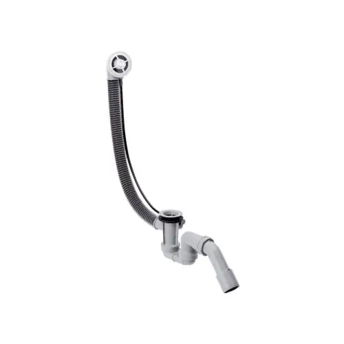 Flexibler Ablauf- und Überlaufkörper von Hansgrohe mit wellenförmigem Schlauch und zwei Anschlussstücken zur Installation an Badewannen.